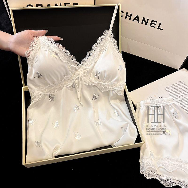 パジャマ 2点セット レディース キャミソール ショートパンツ カップ付き サテン調 光沢 蝶柄 接触冷感 Vネック リボン 夏 部屋着 ルームウェア かわいい ギフト | ホームアイホーム | 06