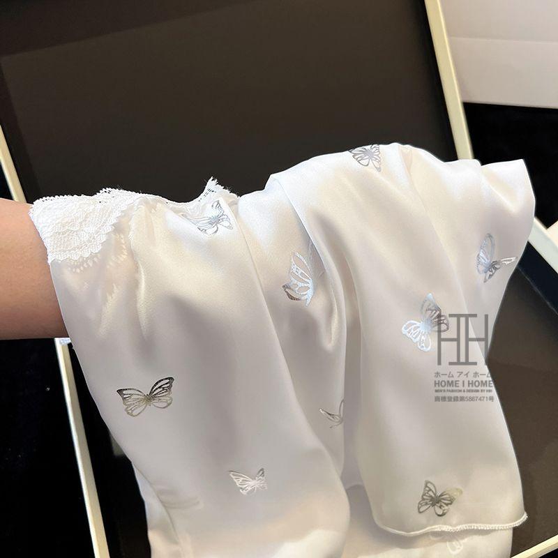 パジャマ 2点セット レディース キャミソール ショートパンツ カップ付き サテン調 光沢 蝶柄 接触冷感 Vネック リボン 夏 部屋着 ルームウェア かわいい ギフト | ホームアイホーム | 09