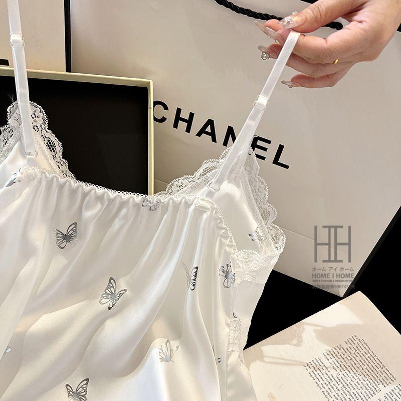 パジャマ 2点セット レディース キャミソール ショートパンツ カップ付き サテン調 光沢 蝶柄 接触冷感 Vネック リボン 夏 部屋着 ルームウェア かわいい ギフト | ホームアイホーム | 10