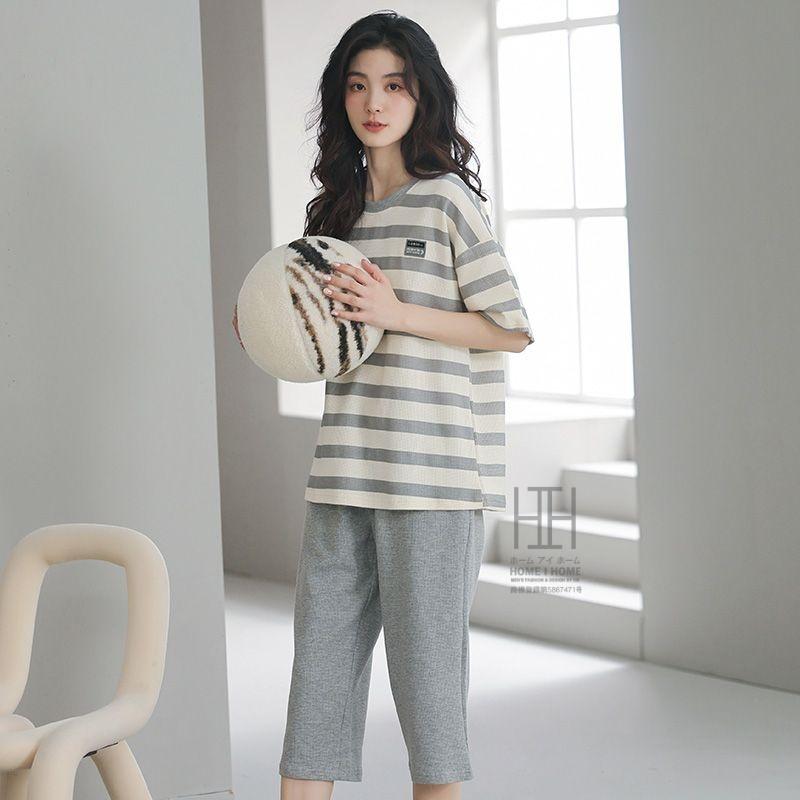 ルームウェアセット パジャマ 2点セット レディース 半袖Tシャツ ボーダー柄 七分丈パンツ ワッフルtシャツ 綿 100 ポケット付き おしゃれ 体型カバー お出かけ | ホームアイホーム