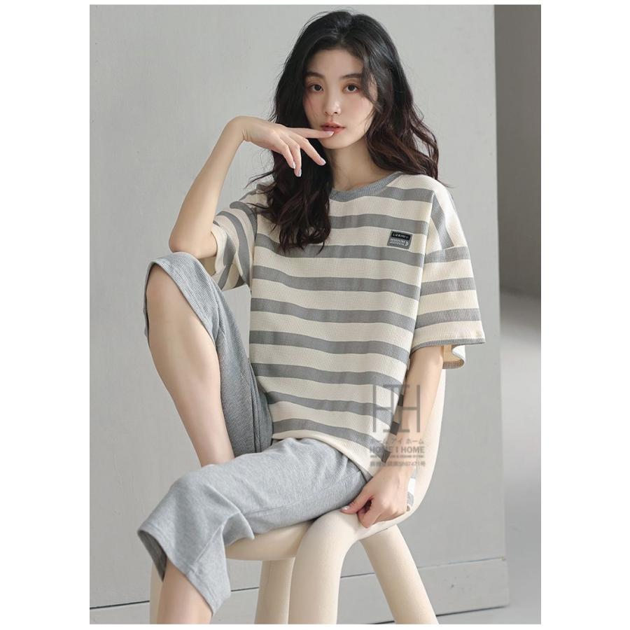 ルームウェアセット パジャマ 2点セット レディース 半袖Tシャツ ボーダー柄 七分丈パンツ ワッフルtシャツ 綿 100 ポケット付き おしゃれ 体型カバー お出かけ | ホームアイホーム | 17
