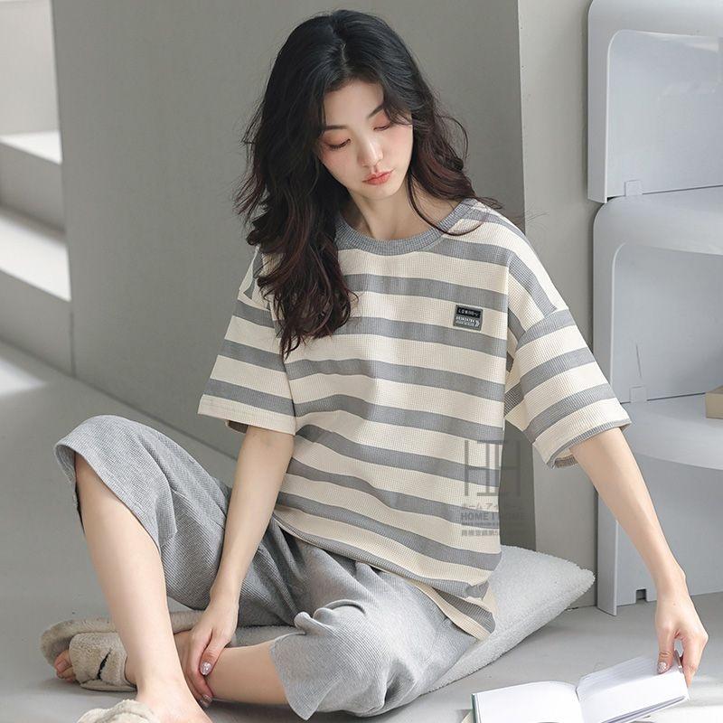 ルームウェアセット パジャマ 2点セット レディース 半袖Tシャツ ボーダー柄 七分丈パンツ ワッフルtシャツ 綿 100 ポケット付き おしゃれ 体型カバー お出かけ | ホームアイホーム | 18