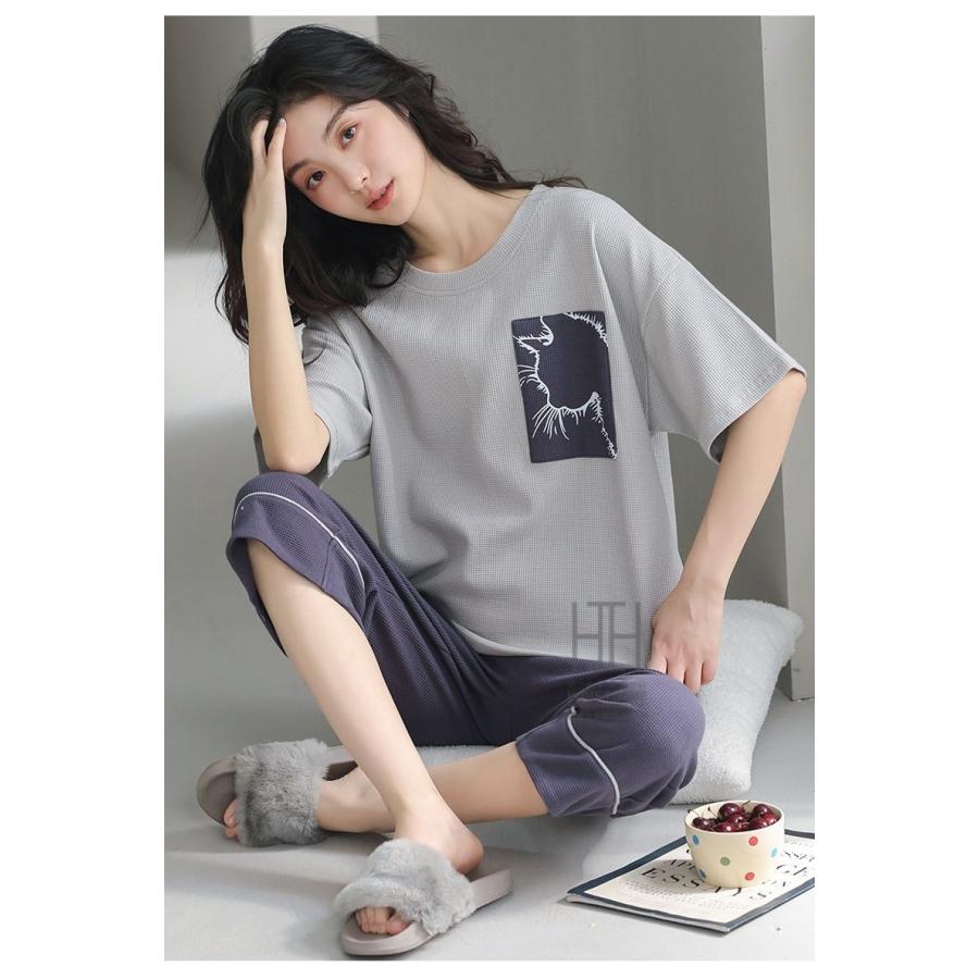 ルームウェアセット パジャマ 2点セット レディース 半袖Tシャツ ボーダー柄 七分丈パンツ ワッフルtシャツ 綿 100 ポケット付き おしゃれ 体型カバー お出かけ | ホームアイホーム | 20