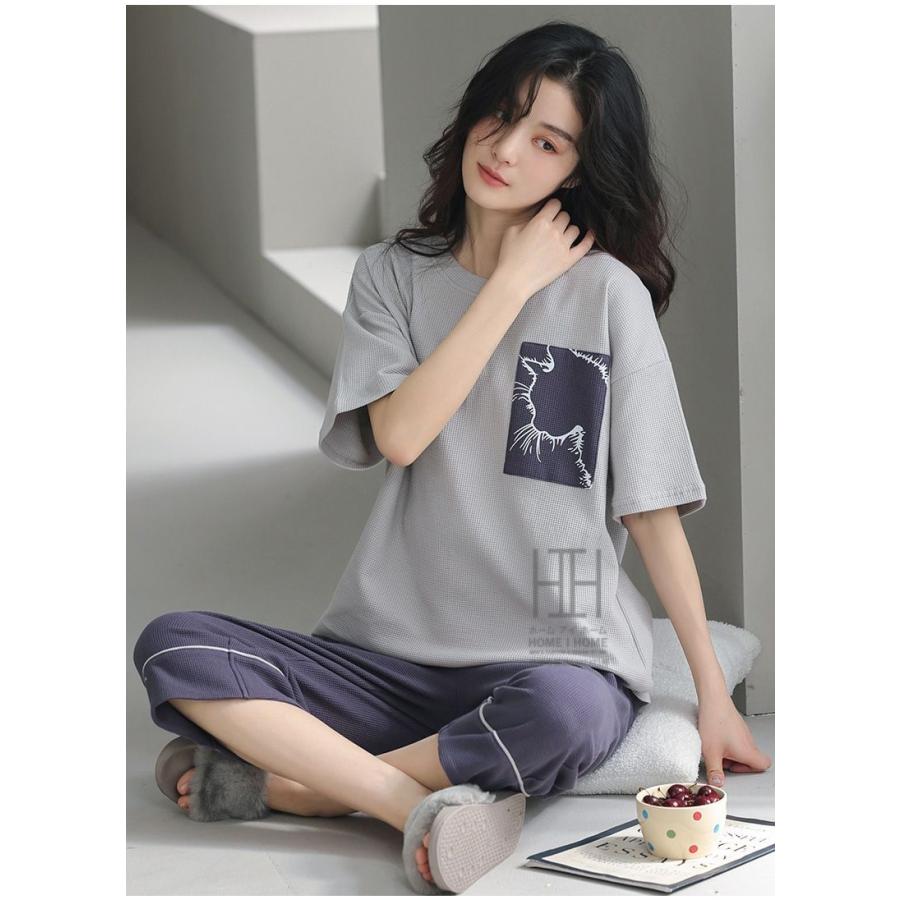 ルームウェアセット パジャマ 2点セット レディース 半袖Tシャツ ボーダー柄 七分丈パンツ ワッフルtシャツ 綿 100 ポケット付き おしゃれ 体型カバー お出かけ | ホームアイホーム | 21