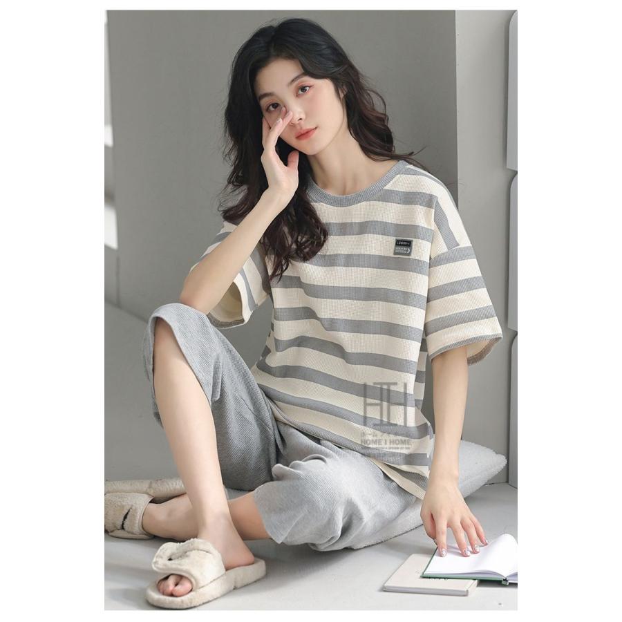 ルームウェアセット パジャマ 2点セット レディース 半袖Tシャツ ボーダー柄 七分丈パンツ ワッフルtシャツ 綿 100 ポケット付き おしゃれ 体型カバー お出かけ | ホームアイホーム | 22