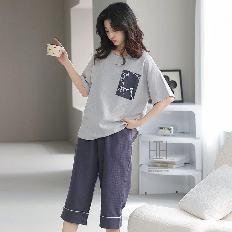 ルームウェアセット パジャマ 2点セット レディース 半袖Tシャツ ボーダー柄 七分丈パンツ ワッフルtシャツ 綿 100 ポケット付き おしゃれ 体型カバー お出かけ | ホームアイホーム | 05