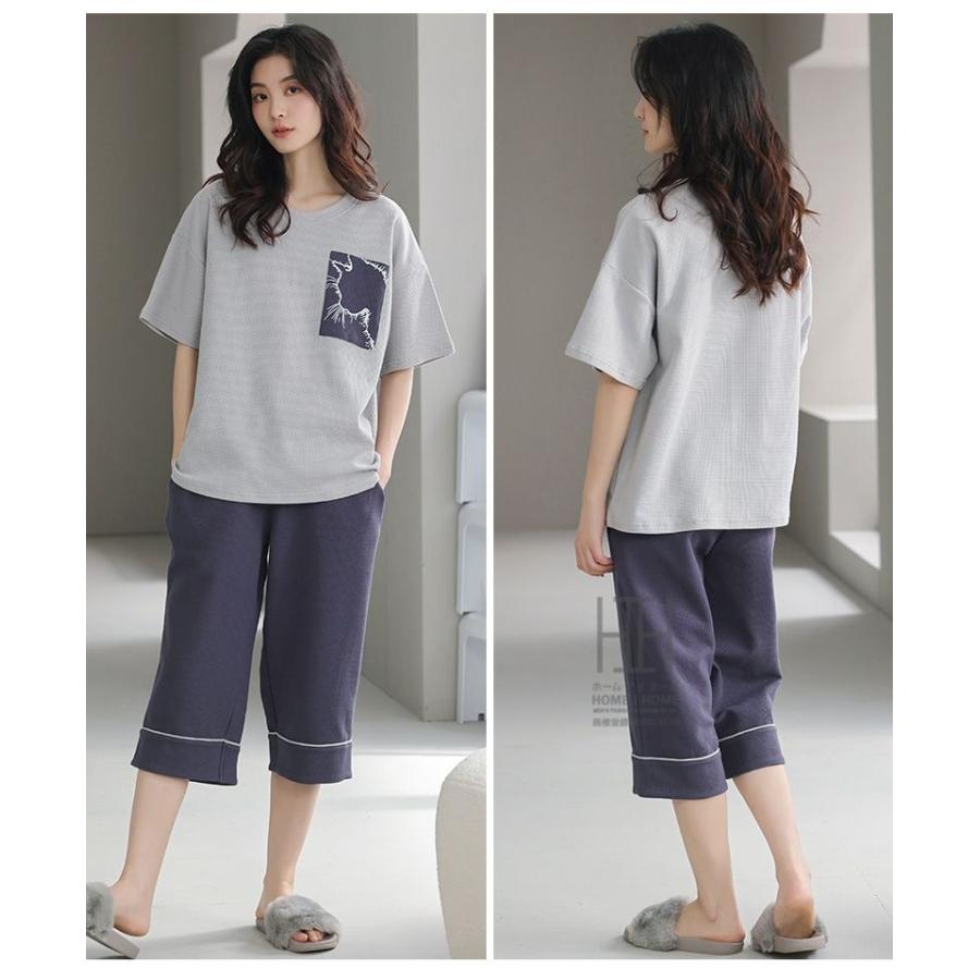 ルームウェアセット パジャマ 2点セット レディース 半袖Tシャツ ボーダー柄 七分丈パンツ ワッフルtシャツ 綿 100 ポケット付き おしゃれ 体型カバー お出かけ | ホームアイホーム | 06