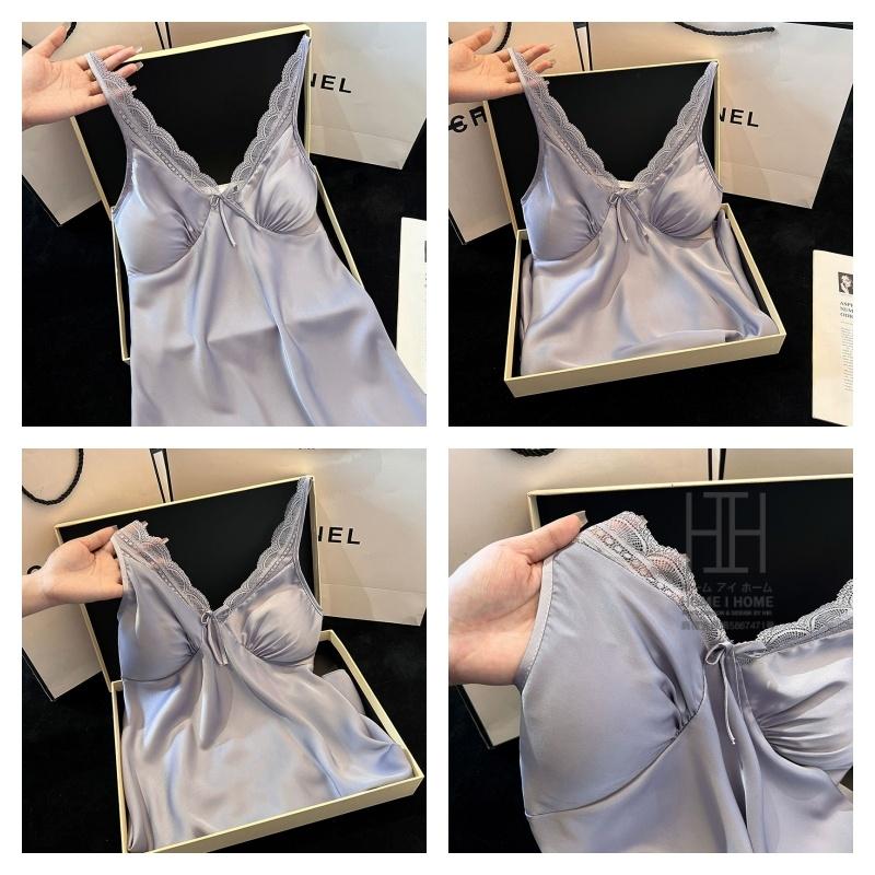 スリップ キャミソールワンピース パジャマ ランジェリー レディース ツルツル カップ付き サテン調 光沢 Vネック 接触冷感 ひんやり 滑らか セクシー 可愛い | ホームアイホーム | 14