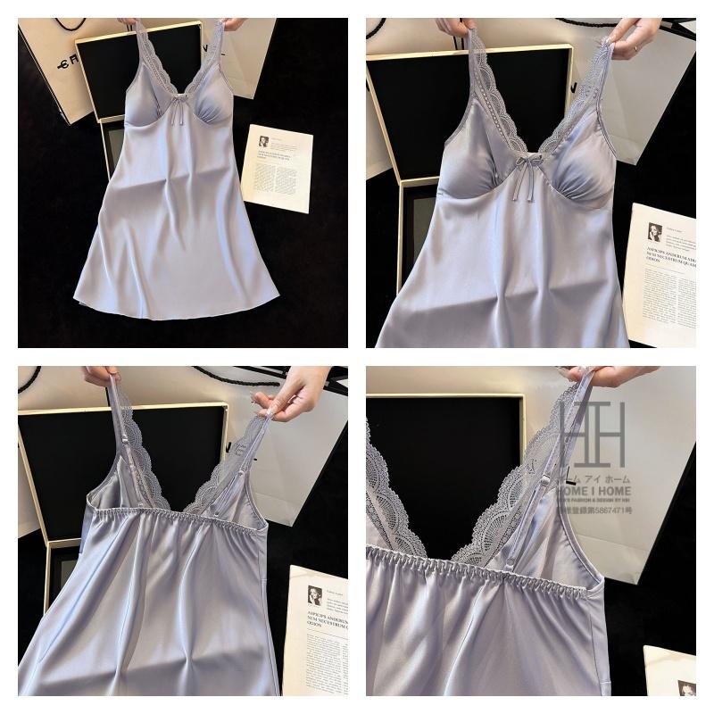 スリップ キャミソールワンピース パジャマ ランジェリー レディース ツルツル カップ付き サテン調 光沢 Vネック 接触冷感 ひんやり 滑らか セクシー 可愛い | ホームアイホーム | 15