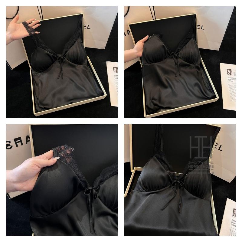 スリップ キャミソールワンピース パジャマ ランジェリー レディース ツルツル カップ付き サテン調 光沢 Vネック 接触冷感 ひんやり 滑らか セクシー 可愛い | ホームアイホーム | 19