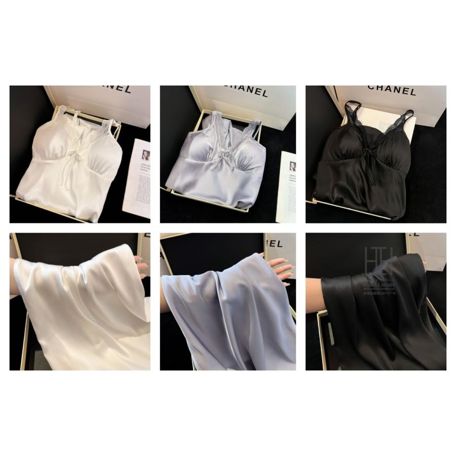 スリップ キャミソールワンピース パジャマ ランジェリー レディース ツルツル カップ付き サテン調 光沢 Vネック 接触冷感 ひんやり 滑らか セクシー 可愛い | ホームアイホーム | 04