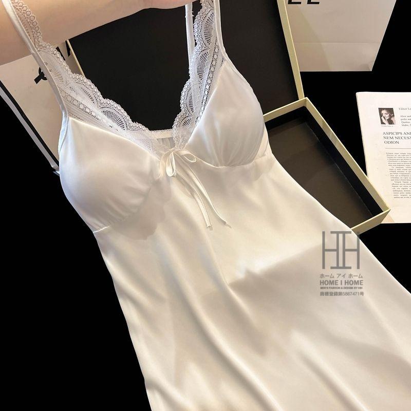 スリップ キャミソールワンピース パジャマ ランジェリー レディース ツルツル カップ付き サテン調 光沢 Vネック 接触冷感 ひんやり 滑らか セクシー 可愛い | ホームアイホーム | 05