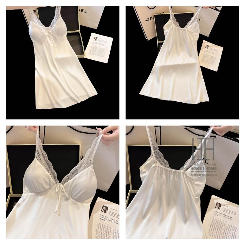 スリップ キャミソールワンピース パジャマ ランジェリー レディース ツルツル カップ付き サテン調 光沢 Vネック 接触冷感 ひんやり 滑らか セクシー 可愛い | ホームアイホーム | 09
