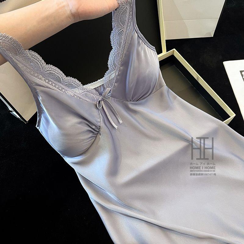 スリップ キャミソールワンピース パジャマ ランジェリー レディース ツルツル カップ付き サテン調 光沢 Vネック 接触冷感 ひんやり 滑らか セクシー 可愛い | ホームアイホーム | 10