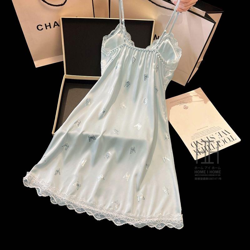 スリップ キャミソールワンピース ランジェリー レディース 蝶柄 Vネック カップ付き 涼感 ひんやり 滑らか 光沢 ナイトドレス 接触冷感 サテン調 可愛い 部屋着 | ホームアイホーム | 11