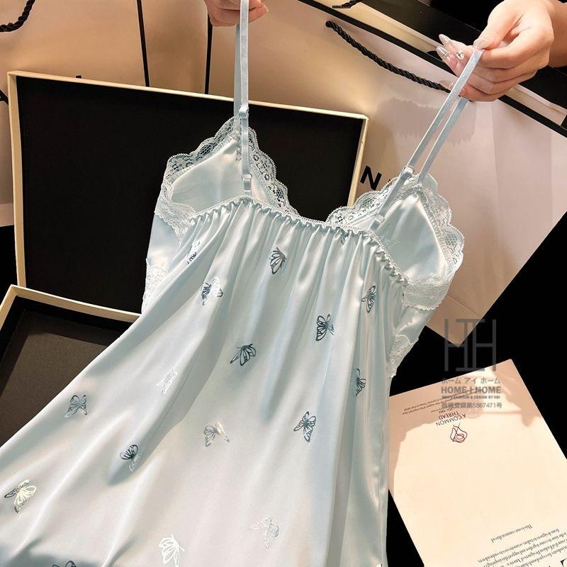 スリップ キャミソールワンピース ランジェリー レディース 蝶柄 Vネック カップ付き 涼感 ひんやり 滑らか 光沢 ナイトドレス 接触冷感 サテン調 可愛い 部屋着 | ホームアイホーム | 12