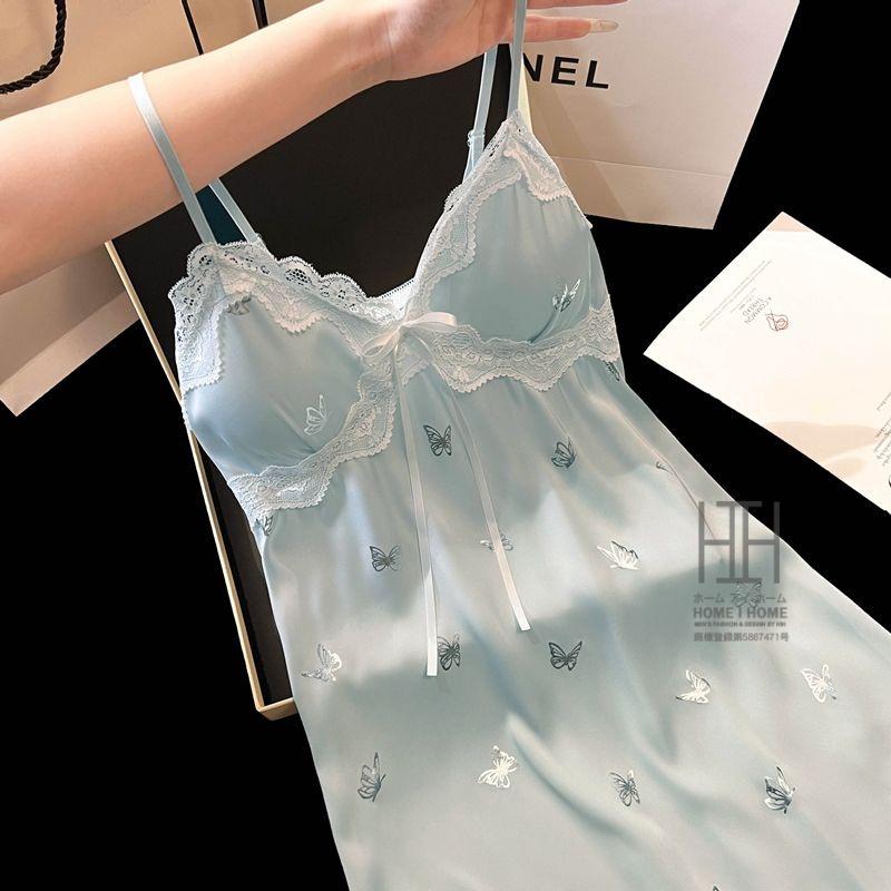 スリップ キャミソールワンピース ランジェリー レディース 蝶柄 Vネック カップ付き 涼感 ひんやり 滑らか 光沢 ナイトドレス 接触冷感 サテン調 可愛い 部屋着 | ホームアイホーム | 02