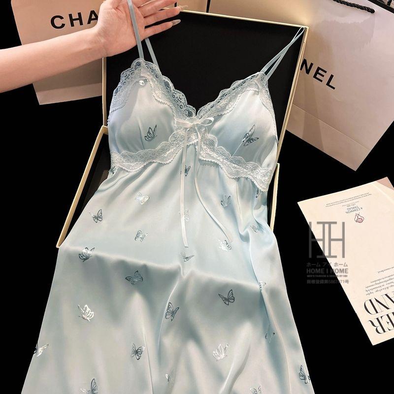 スリップ キャミソールワンピース ランジェリー レディース 蝶柄 Vネック カップ付き 涼感 ひんやり 滑らか 光沢 ナイトドレス 接触冷感 サテン調 可愛い 部屋着 | ホームアイホーム | 03