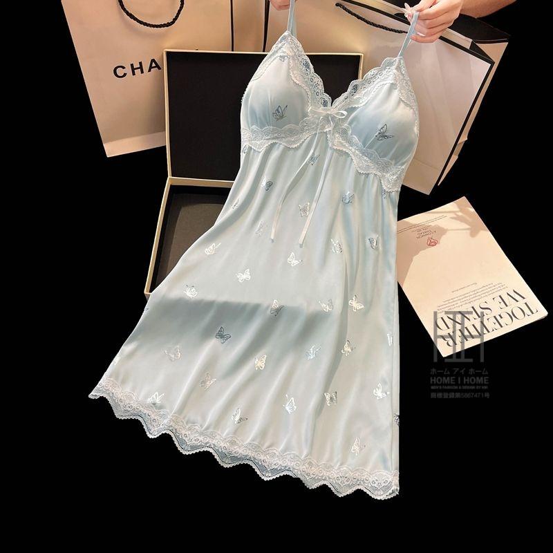 スリップ キャミソールワンピース ランジェリー レディース 蝶柄 Vネック カップ付き 涼感 ひんやり 滑らか 光沢 ナイトドレス 接触冷感 サテン調 可愛い 部屋着 | ホームアイホーム | 05