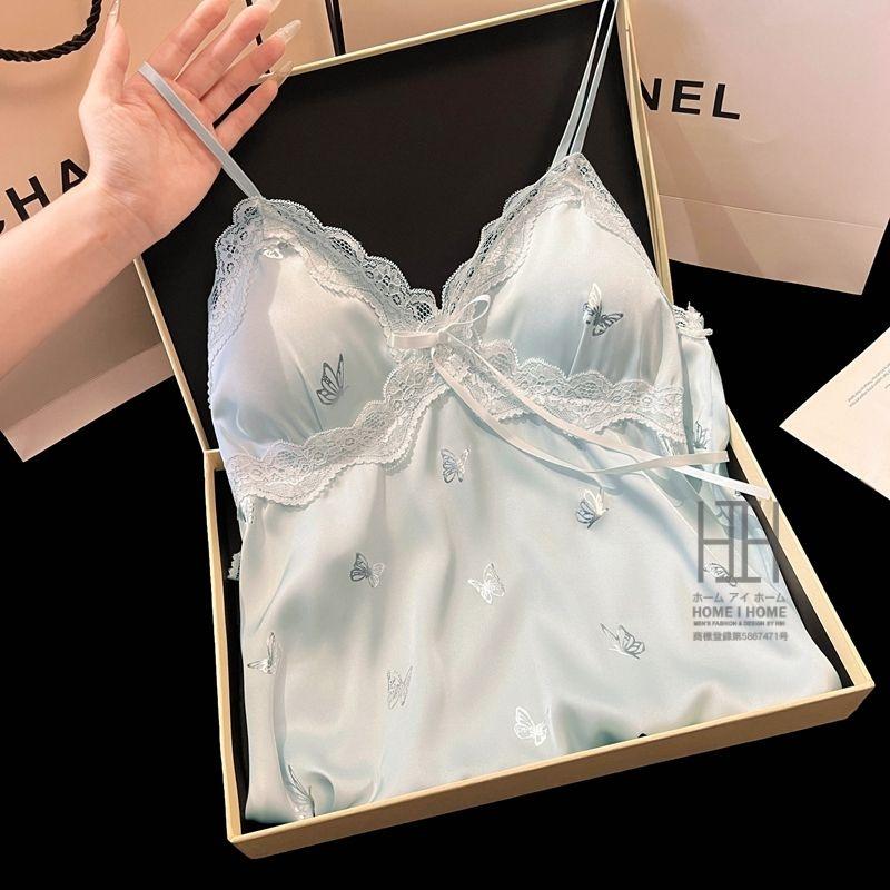 スリップ キャミソールワンピース ランジェリー レディース 蝶柄 Vネック カップ付き 涼感 ひんやり 滑らか 光沢 ナイトドレス 接触冷感 サテン調 可愛い 部屋着 | ホームアイホーム | 06