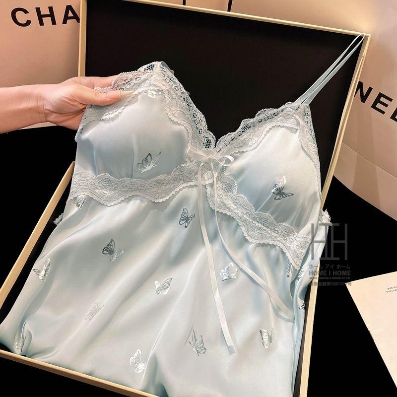 スリップ キャミソールワンピース ランジェリー レディース 蝶柄 Vネック カップ付き 涼感 ひんやり 滑らか 光沢 ナイトドレス 接触冷感 サテン調 可愛い 部屋着 | ホームアイホーム | 08