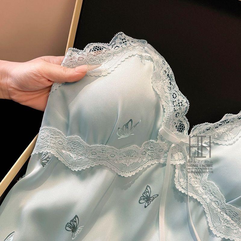 スリップ キャミソールワンピース ランジェリー レディース 蝶柄 Vネック カップ付き 涼感 ひんやり 滑らか 光沢 ナイトドレス 接触冷感 サテン調 可愛い 部屋着 | ホームアイホーム | 09