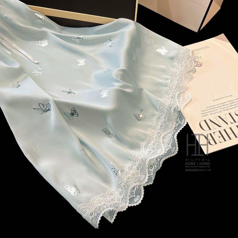 スリップ キャミソールワンピース ランジェリー レディース 蝶柄 Vネック カップ付き 涼感 ひんやり 滑らか 光沢 ナイトドレス 接触冷感 サテン調 可愛い 部屋着 | ホームアイホーム | 10