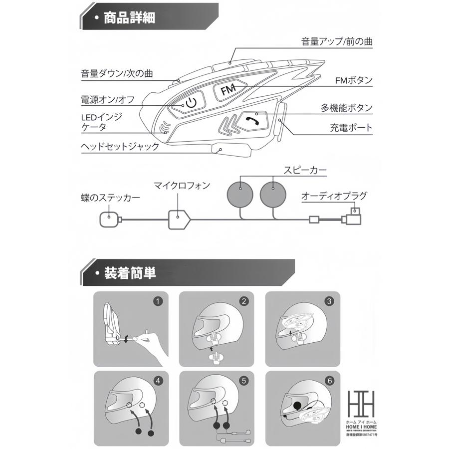 バイク用品 バイク インカム スピーカーマイク  IP65防水 バイク用インカム 軽量 タンデム Bluetooth5.1 日本語音声案内 通話 ツーリング 同時通話 音楽共有機能 | ブランド登録なし | 15