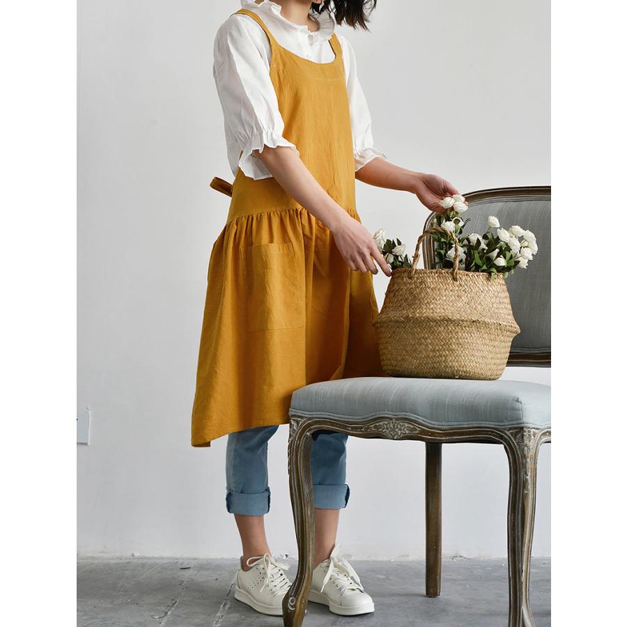 ドレスエプロン ワンピースエプロン ユニフォーム カフェ 花屋 綿 リネン ポケット付き レディース シンプルエプロン バッククロス | ホームアイホーム | 13