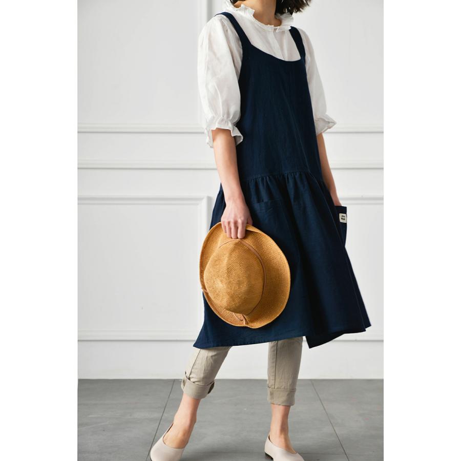 ドレスエプロン ワンピースエプロン ユニフォーム カフェ 花屋 綿 リネン ポケット付き レディース シンプルエプロン バッククロス | ホームアイホーム | 05