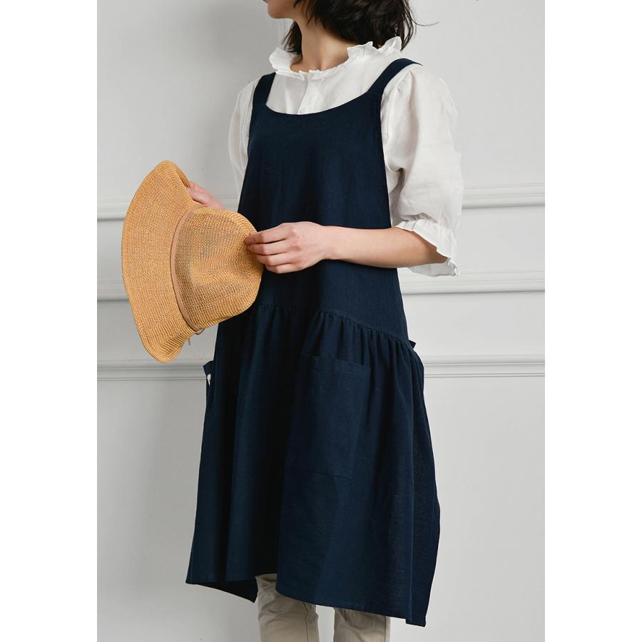 ドレスエプロン ワンピースエプロン ユニフォーム カフェ 花屋 綿 リネン ポケット付き レディース シンプルエプロン バッククロス | ホームアイホーム | 07