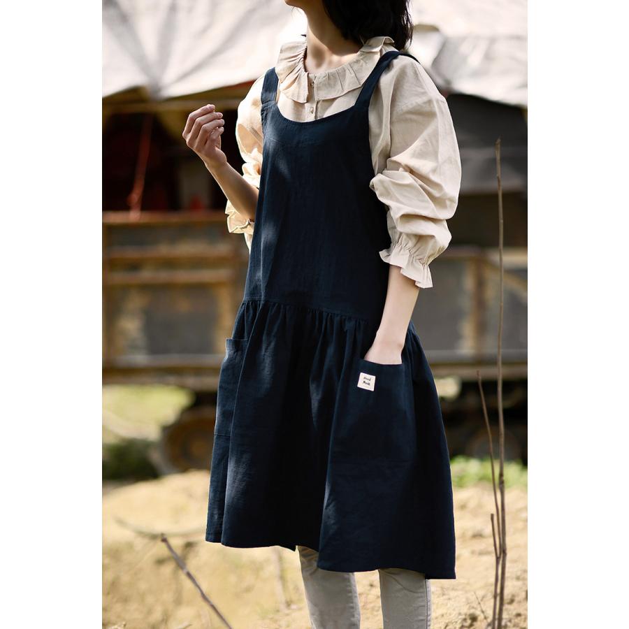 ドレスエプロン ワンピースエプロン ユニフォーム カフェ 花屋 綿 リネン ポケット付き レディース シンプルエプロン バッククロス | ホームアイホーム | 09