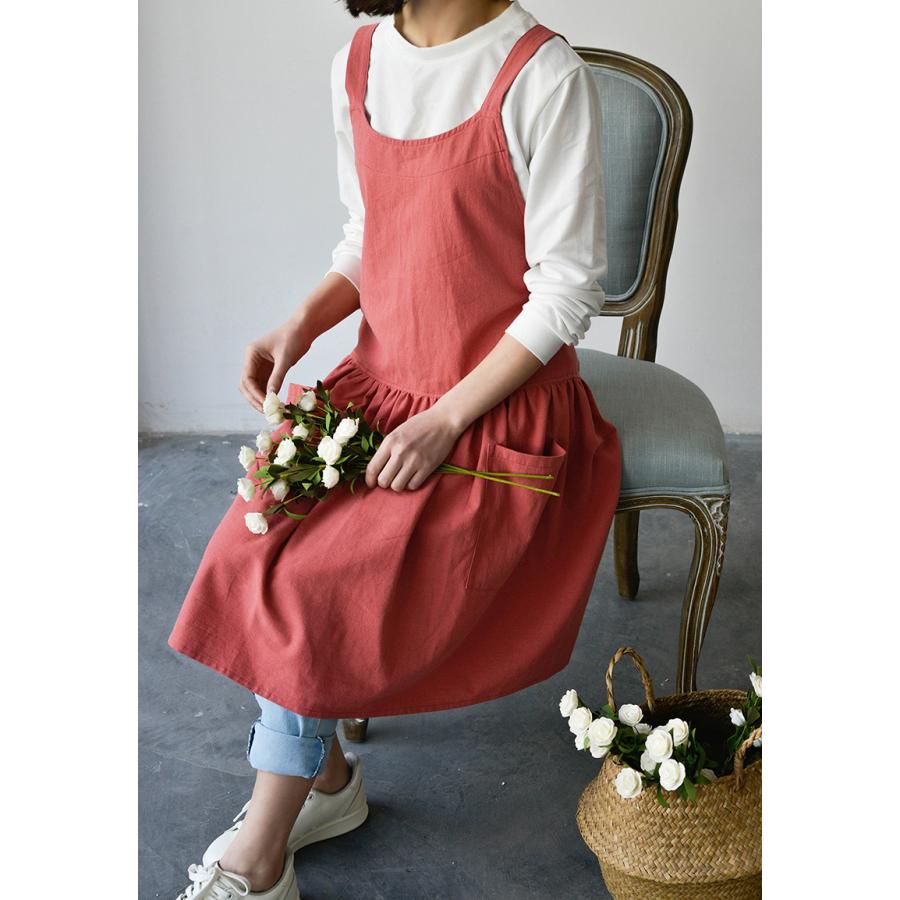 ドレスエプロン ワンピースエプロン ユニフォーム カフェ 花屋 綿 リネン ポケット付き レディース シンプルエプロン バッククロス | ホームアイホーム | 12