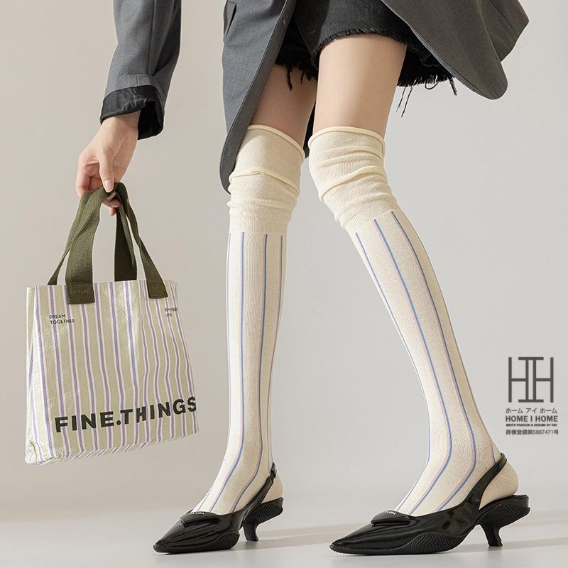 ニーハイソックス レディース 靴下 ロング丈 ストライプ 美脚 脚長効果 抗菌 吸汗 通気性 毛玉防止 ストレッチ 22-24.5cm おしゃれ 人気 秋 冬 春 快適 ソックス | ホームアイホーム