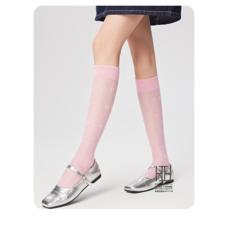 ハイソックス 靴下 レディース ハート柄 メッシュ 透け感 薄手 軽量 通気性 抗菌 吸汗速乾 消臭機能 ストレッチ ガーリー かわいい 美脚 吸湿性 JK 学生 ギフト | ホームアイホーム | 18