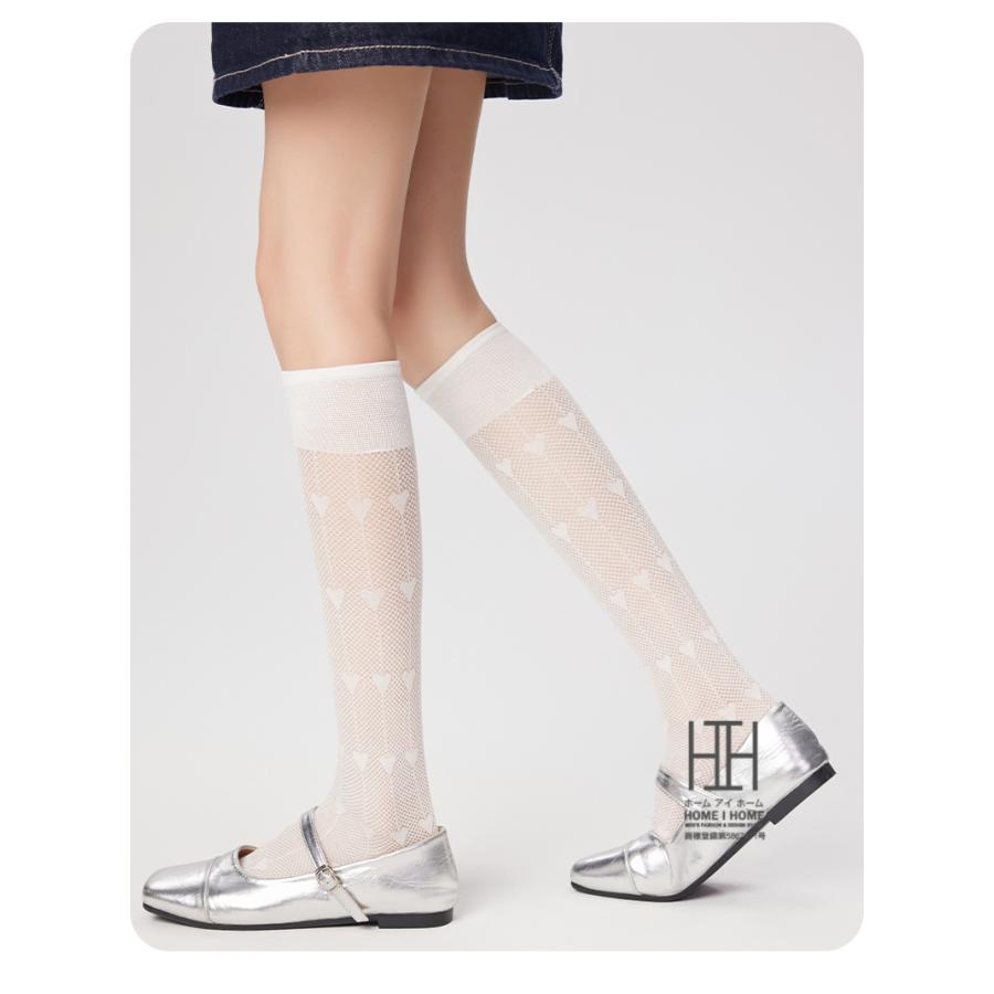 ハイソックス 靴下 レディース ハート柄 メッシュ 透け感 薄手 軽量 通気性 抗菌 吸汗速乾 消臭機能 ストレッチ ガーリー かわいい 美脚 吸湿性 JK 学生 ギフト | ホームアイホーム | 20