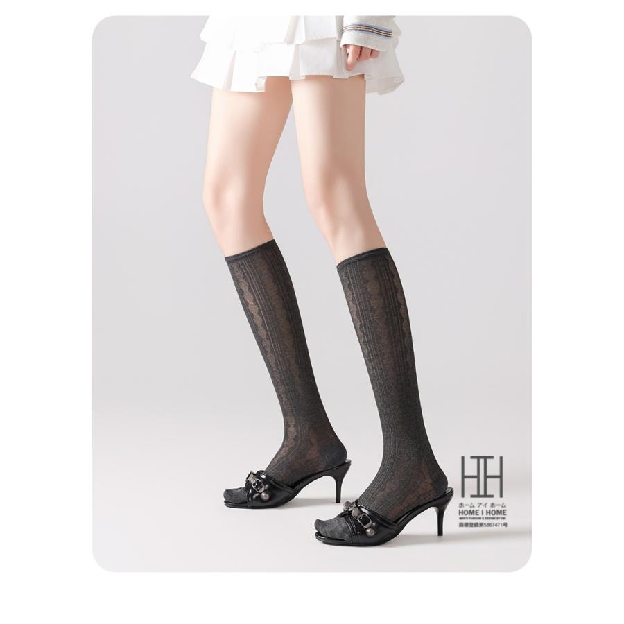 春夏 靴下 レディース ハイソックス 菱形模様 涼感 透け感 通気性 竹繊維 薄手 着圧ソックス 美脚 スリム効果 抗菌 吸汗速乾 22-24.5cm おしゃれ 人気 | ホームアイホーム | 18