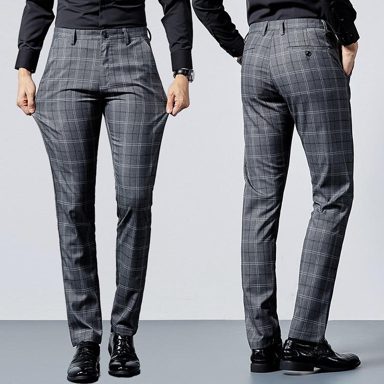 チェックスラックス メンズ ノータック チェック柄 ビジネス ストレッチ ロング パンツ 細身 カジュアル 紳士 オフィス 通勤 春秋 | ホームアイホーム
