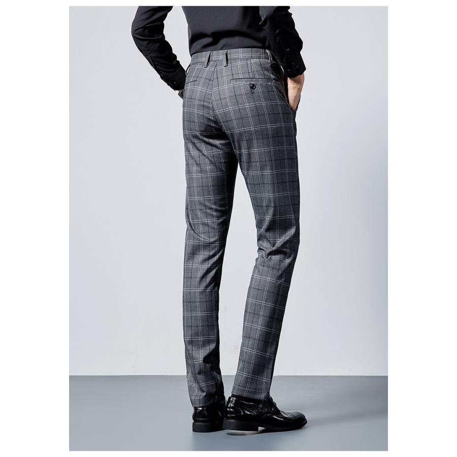 チェックスラックス メンズ ノータック チェック柄 ビジネス ストレッチ ロング パンツ 細身 カジュアル 紳士 オフィス 通勤 春秋 | ホームアイホーム | 11