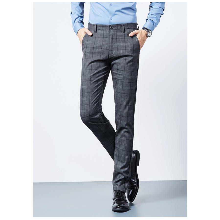 チェックスラックス メンズ ノータック チェック柄 ビジネス ストレッチ ロング パンツ 細身 カジュアル 紳士 オフィス 通勤 春秋 | ホームアイホーム | 03