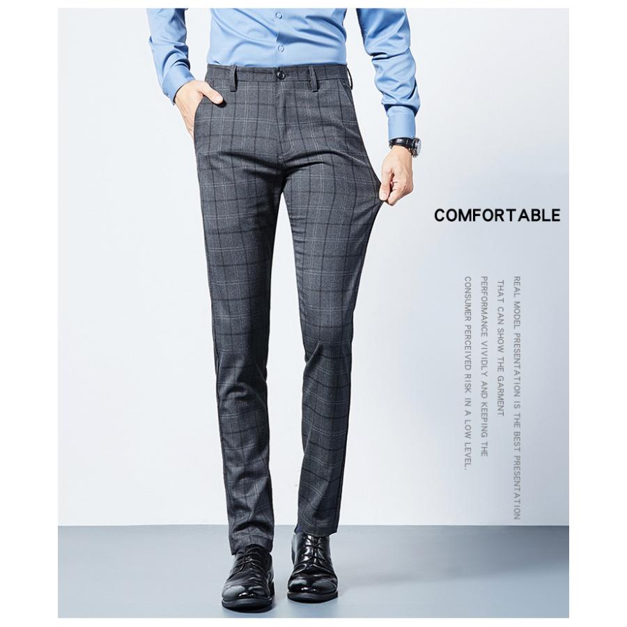 チェックスラックス メンズ ノータック チェック柄 ビジネス ストレッチ ロング パンツ 細身 カジュアル 紳士 オフィス 通勤 春秋 | ホームアイホーム | 04