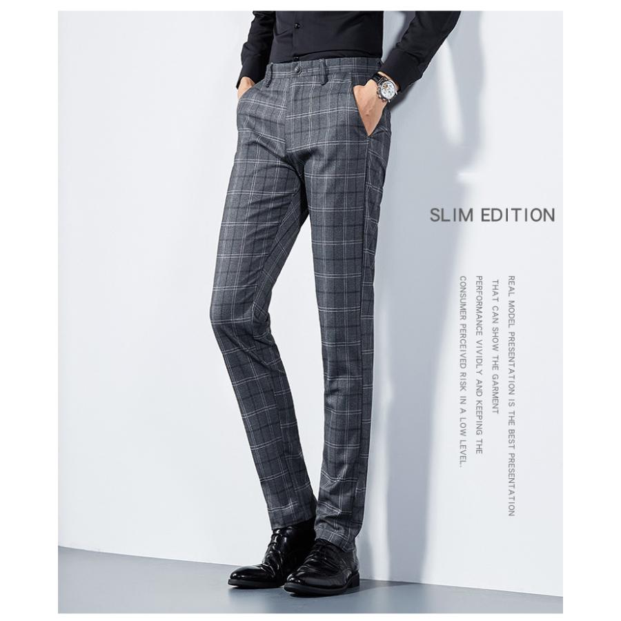 チェックスラックス メンズ ノータック チェック柄 ビジネス ストレッチ ロング パンツ 細身 カジュアル 紳士 オフィス 通勤 春秋 | ホームアイホーム | 09