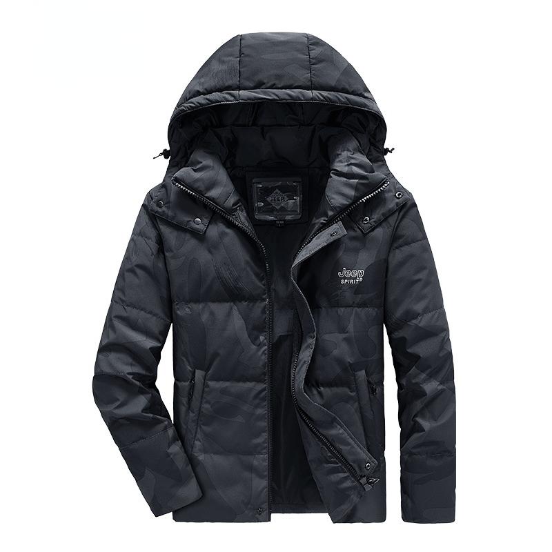 脱着式フード付きダウンジャケット メンズ 迷彩柄 カッコイイ 袖口リブ