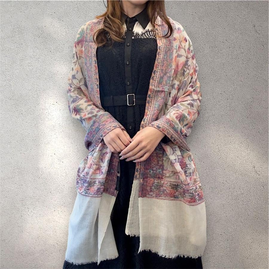 パシュミナショール ジャガード織 花柄 ストール ナチュラルカラー ベージュ系 カシミヤ混 大判 一点物 カシミール 伝統工芸 高級 王族愛用品 インド製の画像