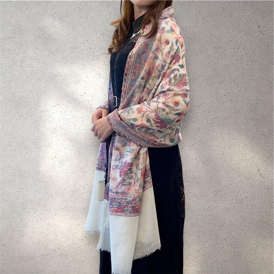 パシュミナショール ジャガード織 花柄 ストール ナチュラルカラー ベージュ系 カシミヤ混 大判 一点物 カシミール 伝統工芸 高級 王族愛用品 インド製の画像