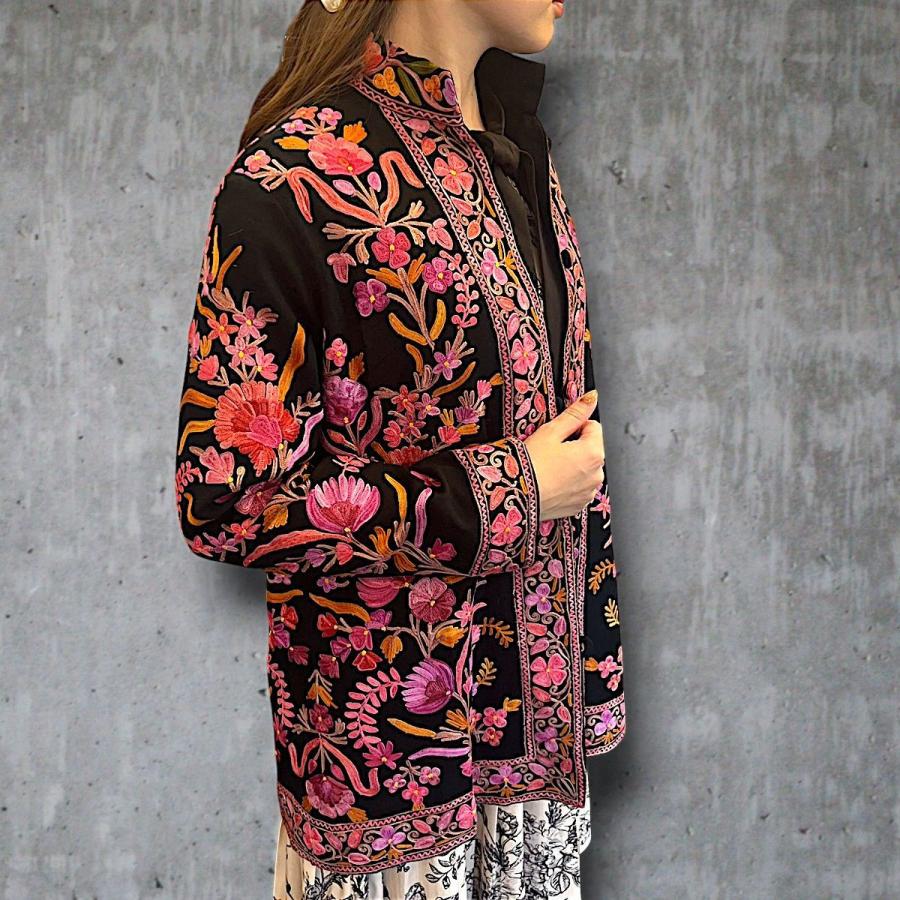 ブラウス カシミール 花柄 シルク刺繍 ジャケット 9号 10号 12号 13号 Mサイズ Lサイズ ブラック ピンク 一点物 ハンドメイド 保温性 花柄 カシミヤ カシミールの画像