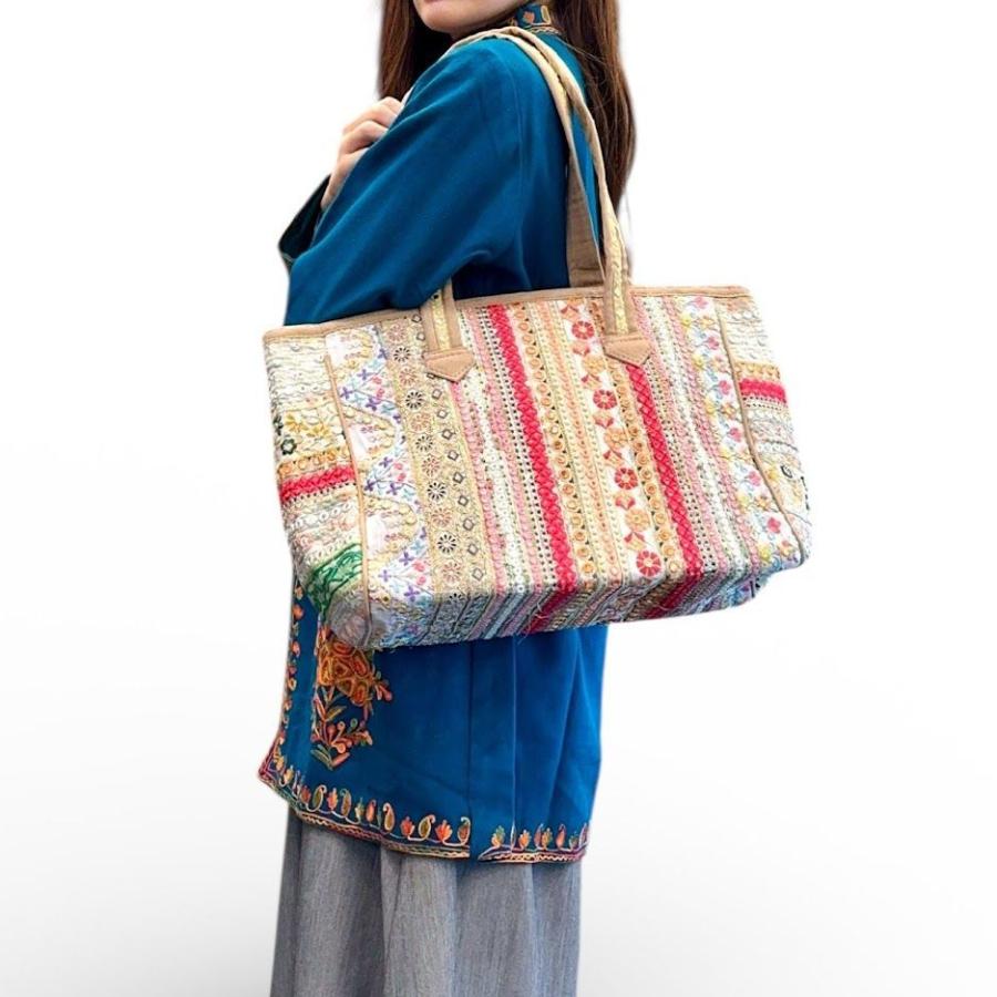 インド刺繍バッグ インド刺繍リボン 全面刺繍 ミラーワーク コットン