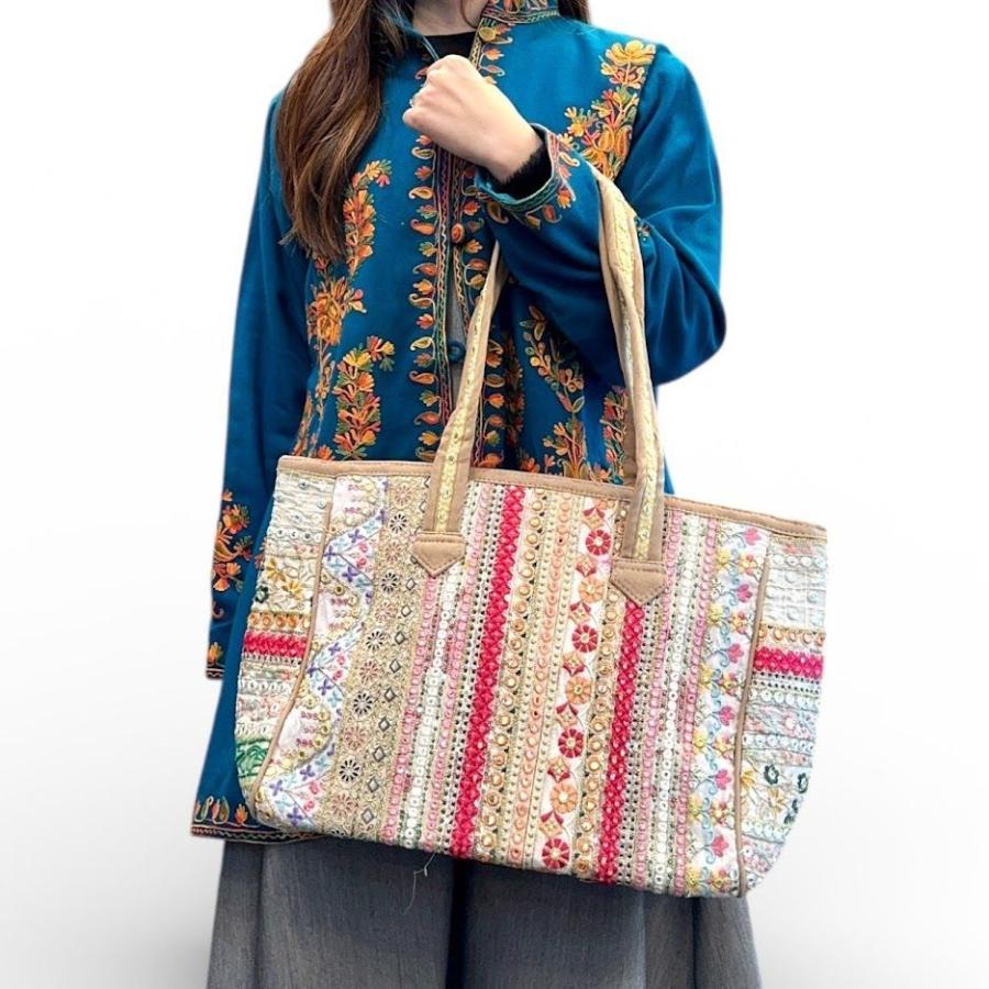 インド刺繍バッグ インド刺繍リボン 全面刺繍 ミラーワーク コットン