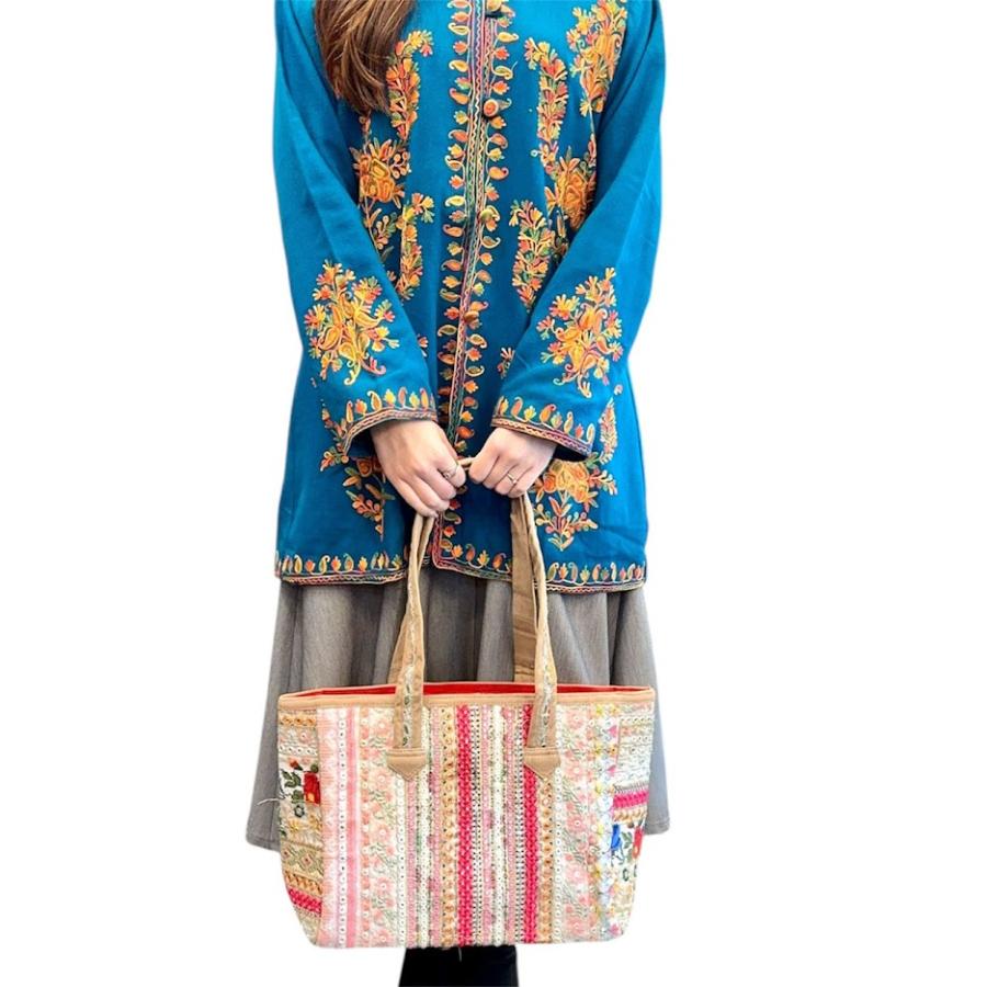 インド刺繍バッグ インド刺繍リボン 全面刺繍 ミラーワーク コットン