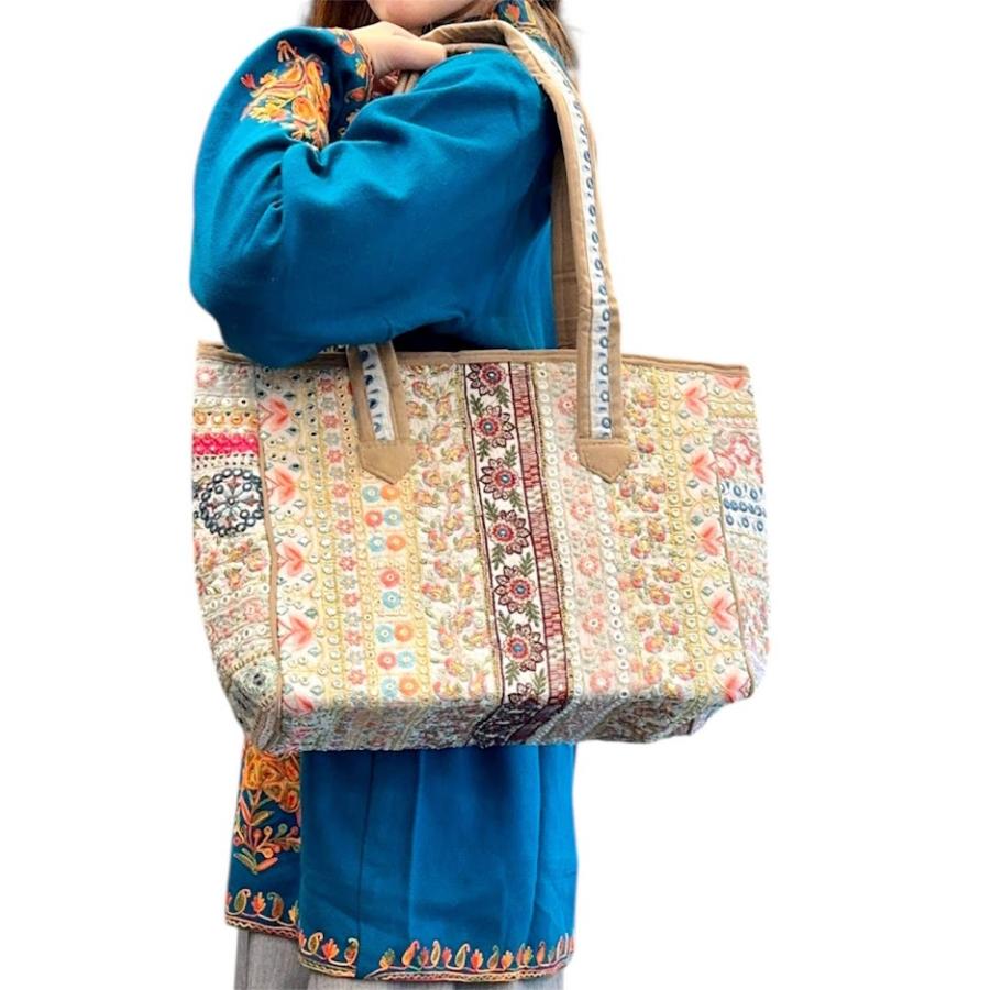インド刺繍バッグ インド刺繍リボン 全面刺繍 ミラーワーク コットン